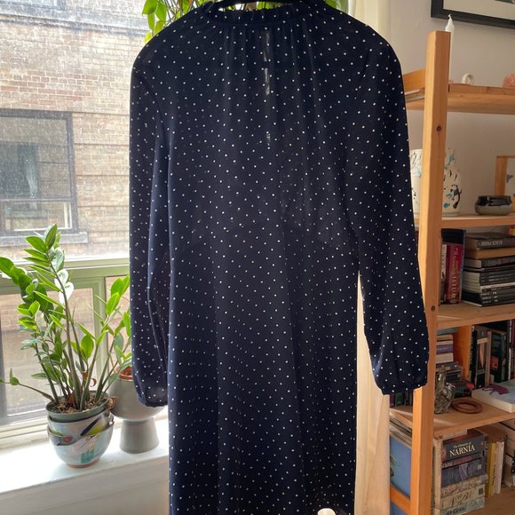 Navy Blue with White Polka Dot Long Sleeved Flare Dress - Picture 4 of 6